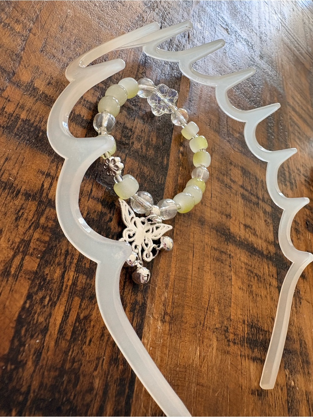 Silver Butterfly Charm Bracelet in Pale Green and Clear Beads